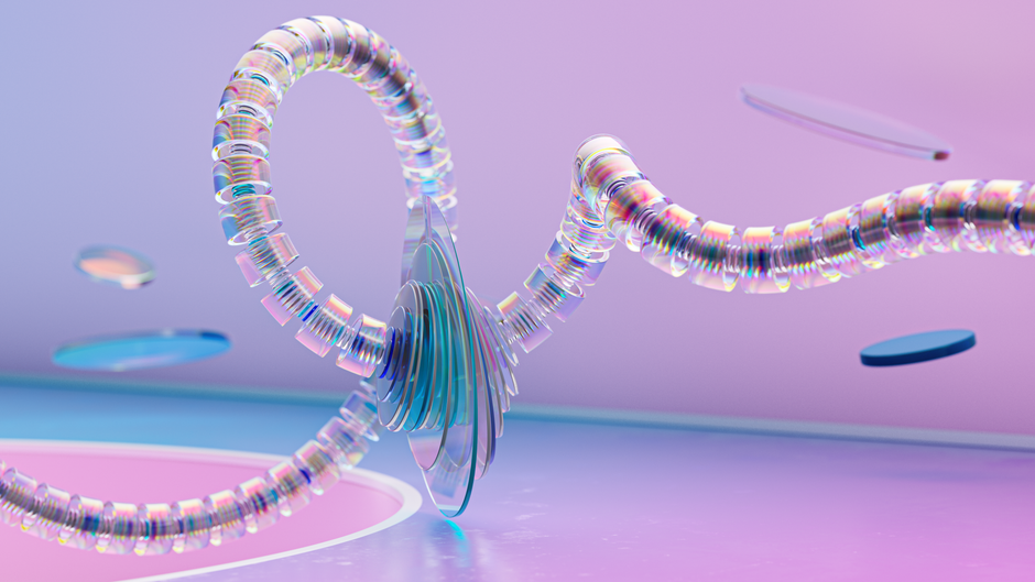 Šareni 3D prikaz staklene spiralne strukture s živopisnim gradijentima